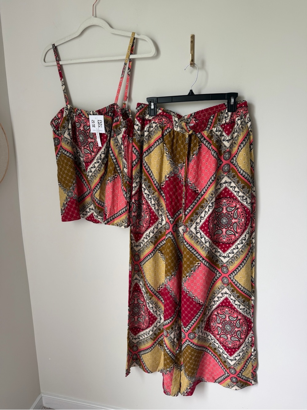 Red green Paisley patchwork tank top and wide leg two piece set